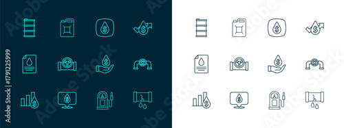 Set line Oil price increase, drop with dollar symbol, Petrol or gas station, pipe valve, Barrel oil and Canister for gasoline icon. Vector