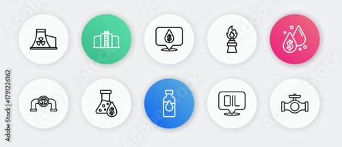 Set line Oil petrol test tube, drop with dollar symbol, pipe valve, Word oil, rig fire, and icon. Vector