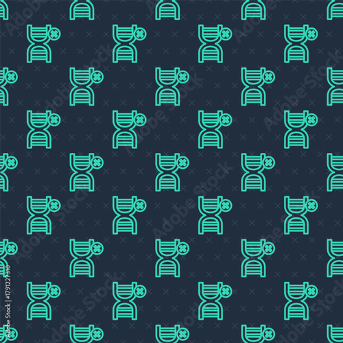 Green line No GMO icon isolated seamless pattern on blue background. Genetically modified organism acronym. Dna food modification. Vector