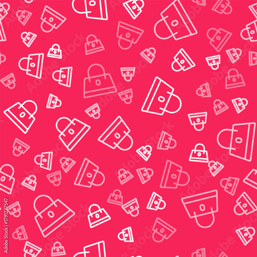 White line Handbag icon isolated seamless pattern on red background. Female handbag sign. Glamour casual baggage symbol. Vector