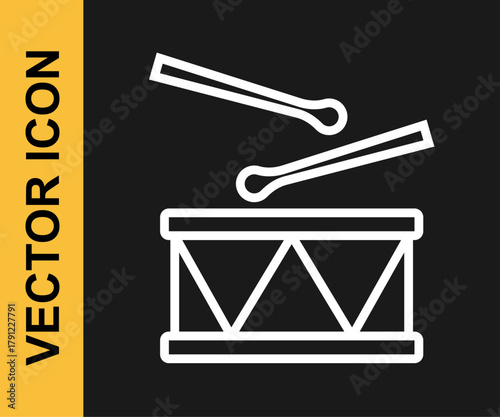 White line Drum with drum sticks icon isolated on black background. Music sign. Musical instrument symbol. Vector