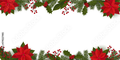 Festive frame with spruce branches, poinsettia, berries and leaves.