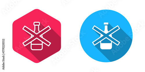 Filled and outline No alcohol icon isolated with long shadow background. Prohibiting alcohol beverages. Forbidden symbol with beer bottle glass. Vector