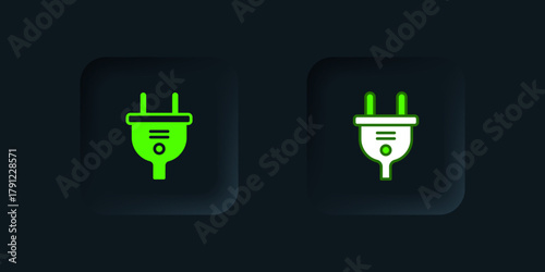 Green Electric plug icon isolated on black background. Concept of connection and disconnection of the electricity. Black square button. Vector