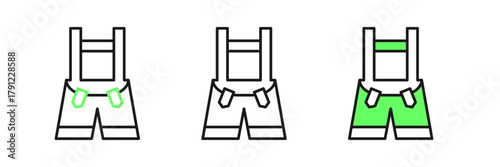 Set line Lederhosen icon isolated on white background. Traditional bavarian clothing. Oktoberfest outfit. Pants with suspenders. Patrick day. Vector