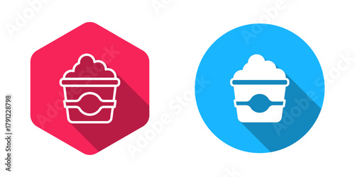 Filled and outline Popcorn in cardboard box icon isolated with long shadow background. Popcorn bucket box. Vector