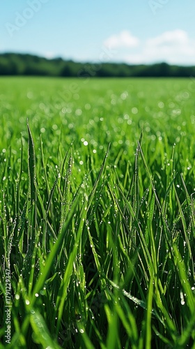 Fototapeta Naklejka Na Ścianę i Meble -  Green grass with dew drops close up