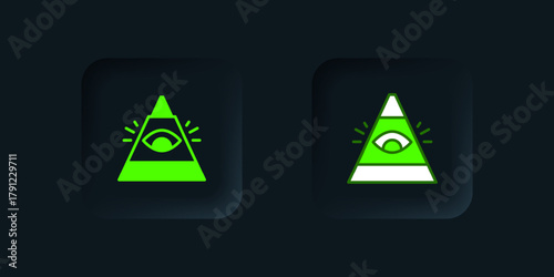Green Masons symbol All-seeing eye of God icon isolated on black background. The eye of Providence in the triangle. Black square button. Vector