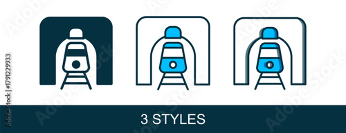 Filled outline Train in railway tunnel icon isolated on white background. Railroad tunnel. Vector