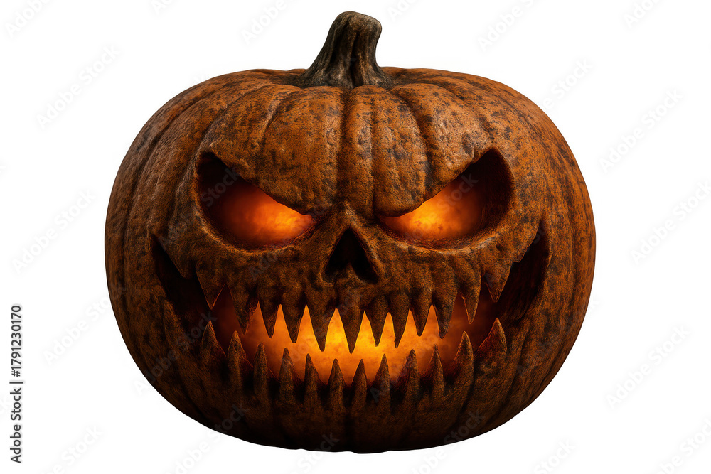 Fototapeta premium Scary carved halloween pumpkin jack-o'-lantern with glowing evil eyes and sharp teeth on transparent background