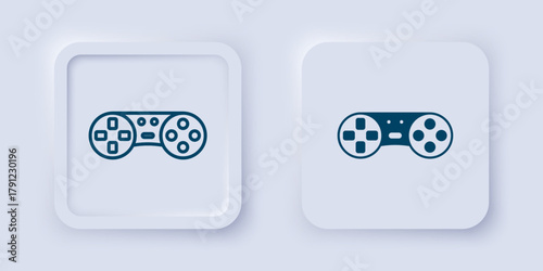 Filled and outline Game controller or joystick for game console icon isolated on grey background. Square button. Vector