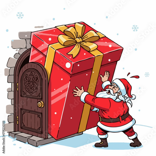 Santa Claus delivering a giant red gift box at a cozy doorstep - Christmas scene, festive surprise, cheerful gift giving, winter magic, cartoon illustration of Santa at the door, holiday decor