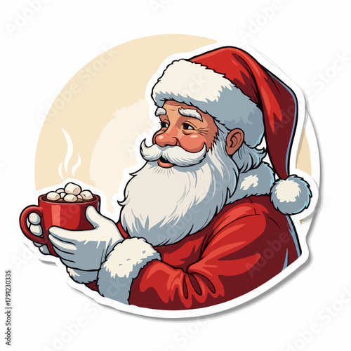 Whimsical Santa Claus Cartoon Holding a Cup of Hot Chocolate – Festive Christmas Illustration for Holiday Decor, Greeting Cards, Marketing, Advertising, Social Media, Commercial Use