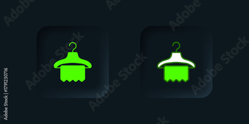Green Hanger wardrobe icon isolated on black background. Cloakroom icon. Clothes service symbol. Laundry hanger sign. Black square button. Vector