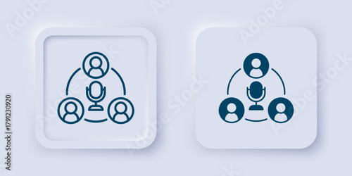 Filled and outline Meeting icon isolated on grey background. Business team meeting, discussion concept, analysis, content strategy. Presentation conference. Square button. Vector