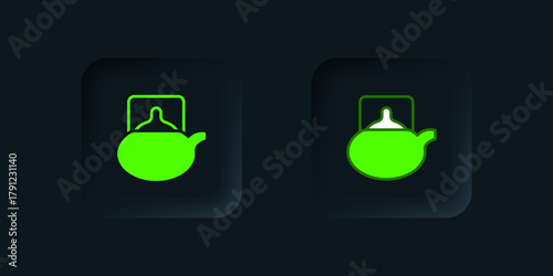 Green Traditional tea ceremony icon isolated on black background. Teapot with cup. Black square button. Vector