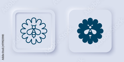 Filled and outline Bee on flower icon isolated on grey background. Sweet natural food. Honeybee or apis with wings symbol. Flying insect. Square button. Vector