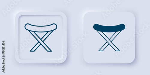 Filled and outline Camping portable folding chair icon isolated on grey background. Rest and relax equipment. Fishing seat. Square button. Vector