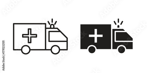 Ambulance icons in outline, flat style. Vector EPS