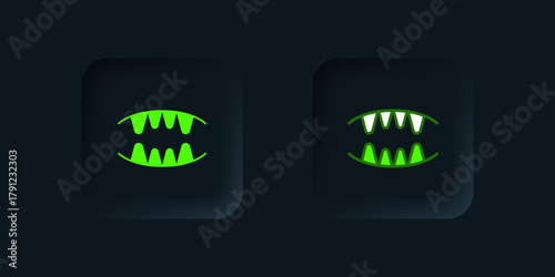 Green Vampire teeth icon isolated on black background. Happy Halloween party. Black square button. Vector