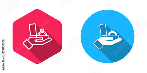 Filled and outline Diamond engagement ring in a box icon isolated with long shadow background. Vector