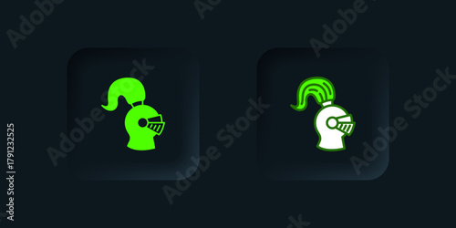Green Medieval iron helmet for head protection icon isolated on black background. Knight helmet. Black square button. Vector