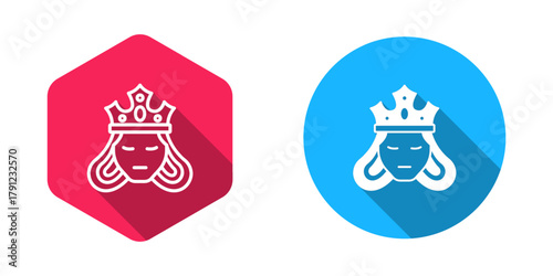 Filled and outline Princess or queen wearing her crown icon isolated with long shadow background. Medieval lady. Vector