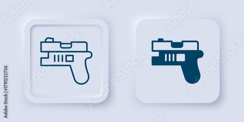 Filled and outline Futuristic space gun blaster icon isolated on grey background. Laser Handgun. Alien Weapon. Square button. Vector