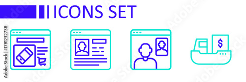Set line Cargo ship with boxes delivery, Video chat conference, Resume and Online shopping screen icon. Vector