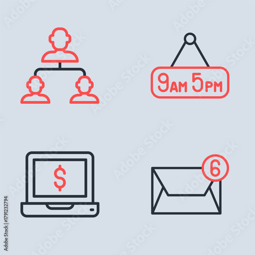 Set line From 9 to 5 job, Laptop with dollar, Mail and e-mail and Employee hierarchy icon. Vector
