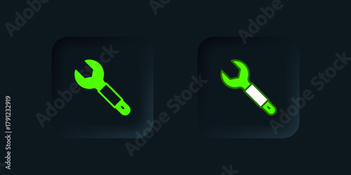 Green Wrench spanner icon isolated on black background. Spanner repair tool. Service tool symbol. Black square button. Vector