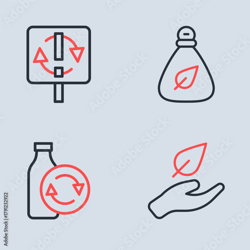 Set line Garbage bag, Recycling plastic bottle, Leaf hand and Recycle symbol icon. Vector