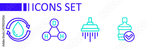 Set line Big bottle with clean water, Shower, Chemical formula H2O and Recycle aqua icon. Vector