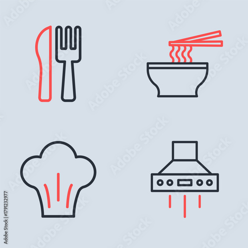 Set line Asian noodles in bowl, Chef hat, Kitchen extractor fan and Crossed knife and fork icon. Vector