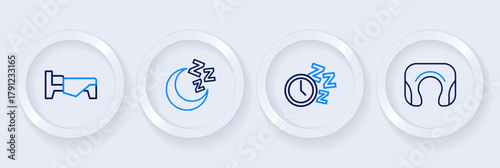 Set line Travel neck pillow, Alarm clock, Moon and stars and Bed icon. Vector