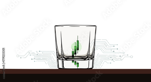 A clear glass holds a vibrant green candlestick chart, symbolizing digital market growth and investment potential, subtly underscored by circuit board patterns.