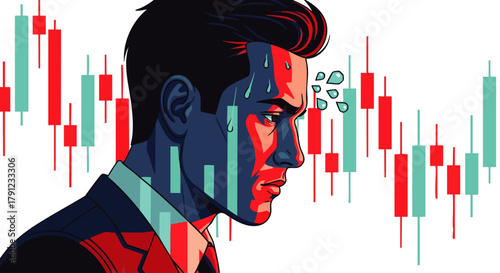 A stressed businessman's profile, overlaid with bearish red candlestick charts, powerfully visualizes the intense financial market pressure, economic uncertainty, and investment anxiety.