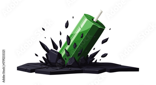 A vibrant green stick of dynamite or an explosive device dramatically impacts a dark, cracked surface, sending debris flying in a powerful illustration.