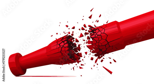 A vibrant red baseball bat shatters into countless sharp fragments against a pristine white background, symbolizing ultimate impact and the complete breakdown of a powerful object.