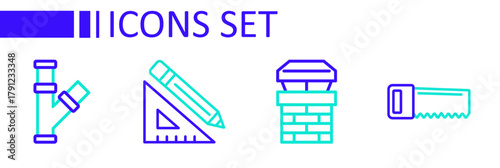 Set line Hand saw, Chimney, Triangular ruler pencil and Industry metallic pipe icon. Vector