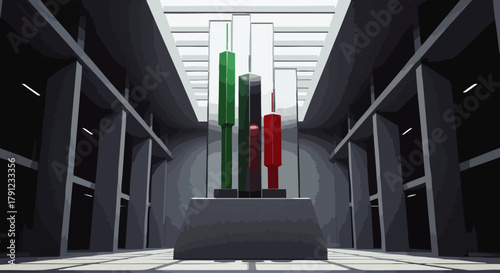 A modern, minimalist art installation featuring four colorful pillars stands prominently in a spacious gallery with a skylight, creating a striking visual display.