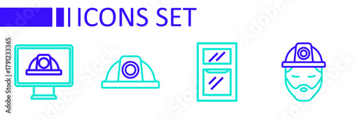 Set line Builder, Hammer and wrench spanner, Worker safety helmet and icon. Vector