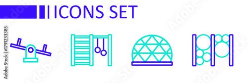 Set line Playground climbing equipment, Swedish wall and Seesaw icon. Vector