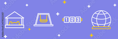 Set line Playground climbing equipment, Education logic game, Ferris wheel and Sandbox with sand icon. Vector