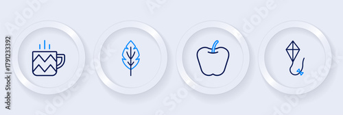Set line Kite, Apple, Leaf and Cup of tea icon. Vector