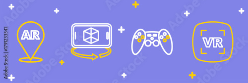 Set line Virtual reality, Gamepad, 3d modeling and Augmented AR icon. Vector