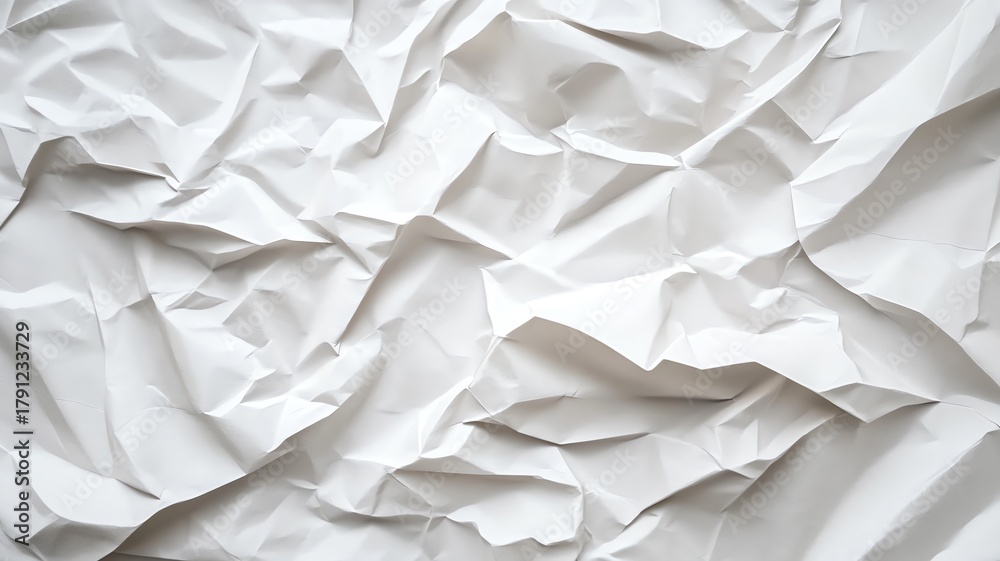 Fototapeta premium Crumpled paper in a pure white hue fills the image, creating a textured background. The paper is full of ridges, folds, and shadows, giving it a three-dimensional appearance.