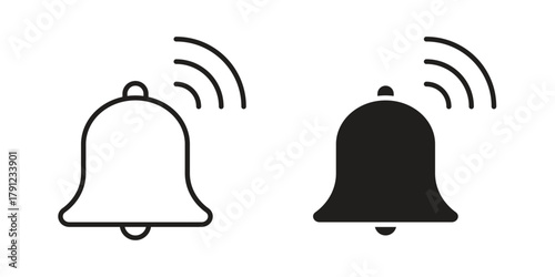 Bell ring icons in outline, flat style. Vector EPS