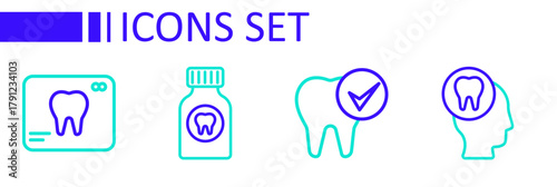Set line Toothache, painkiller tablet and X-ray of tooth icon. Vector