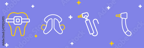 Set line Tooth drill, Dental tooth plate and Teeth with braces icon. Vector